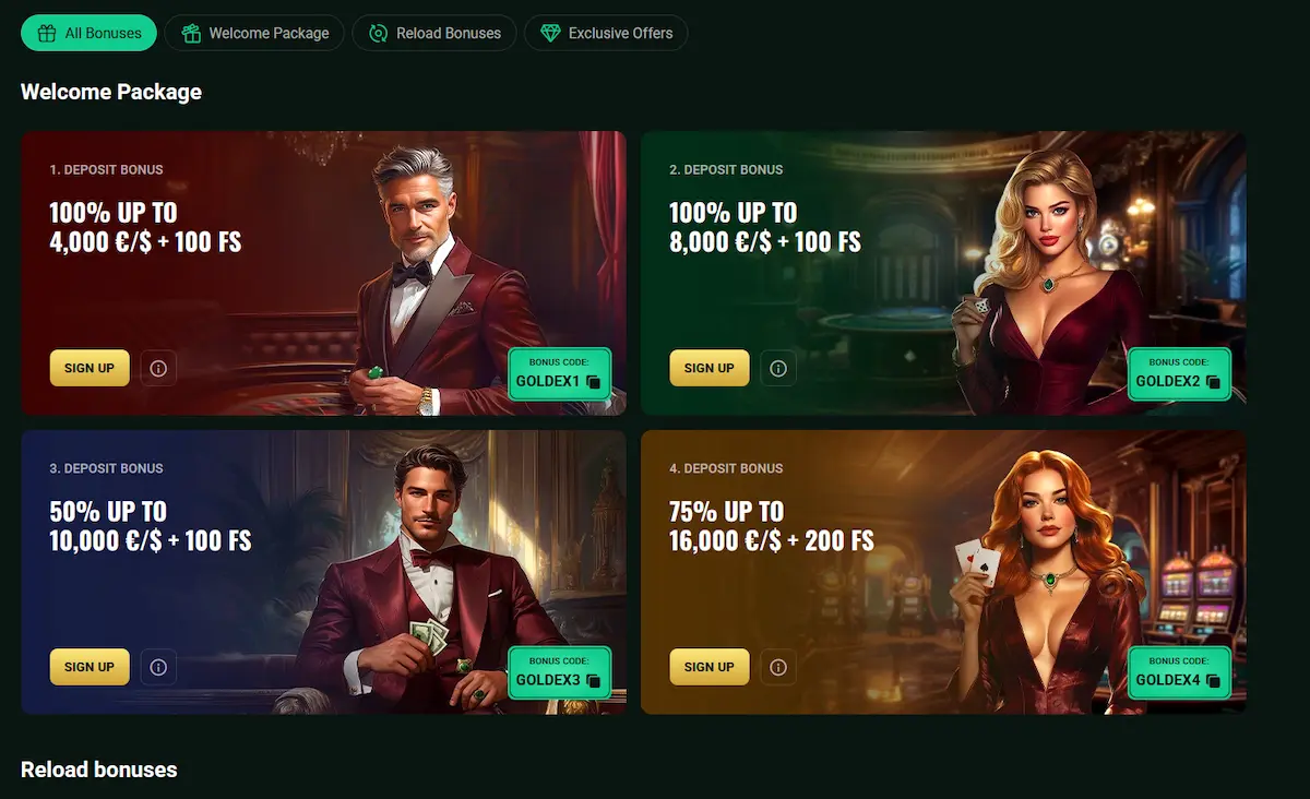 Goldex Casino Bonus – Willkommenspaket bis 38.000 €