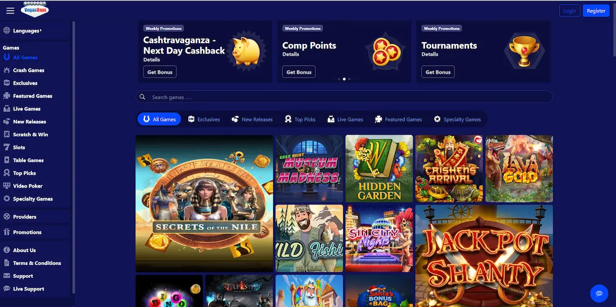 Vegas Days Casino Spiellobby mit Slots und laufenden Aktionen