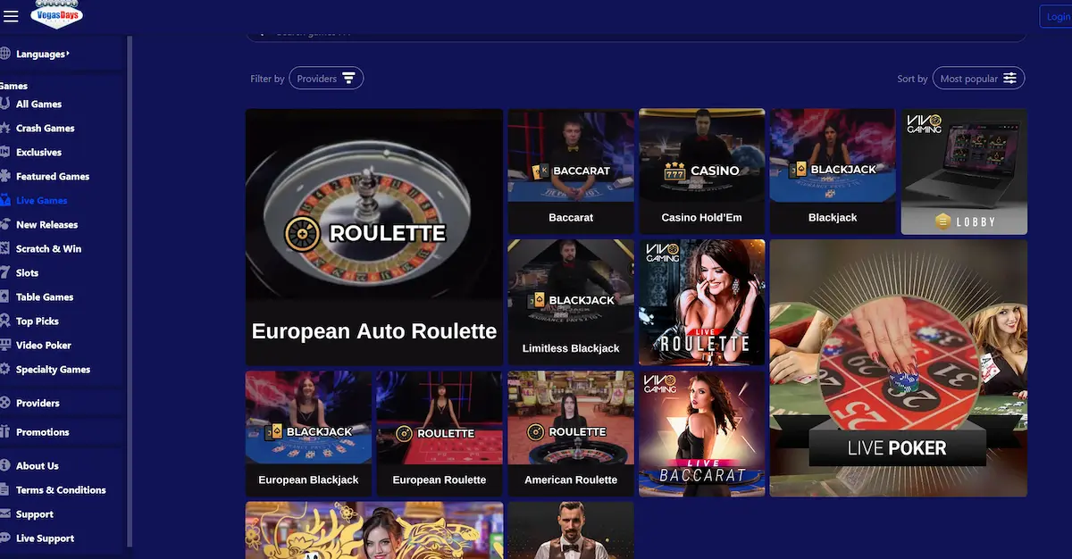 Live-Casino von Vegas Days mit echten Croupiers von Vivo Gaming